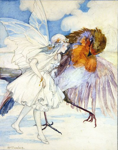 Cock Robin and the Flower Fairy (lyijykynä ja akvarelli paperille) tekijältä Kathleen Wallis Coales