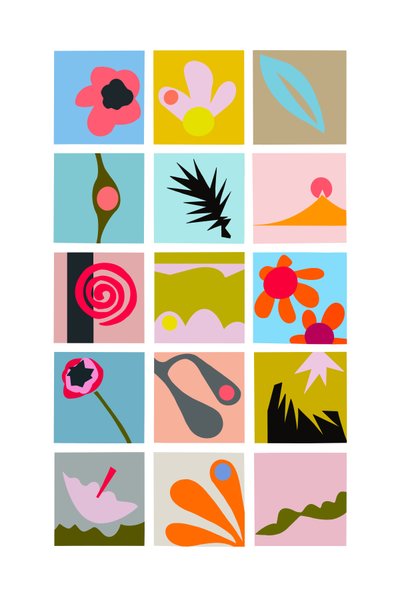 Cut outs grid, 2023 (digitaalinen kuvitus alkuperäisestä kollaasista paperille) tekijältä Kathy Dunaway