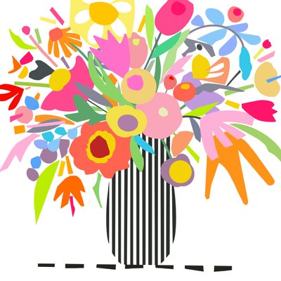 Kukkia ja raitoja 1, 2024 (digitaalinen kuvitus alkuperäisestä kollaasista puupaneelille) tekijältä Kathy Dunaway