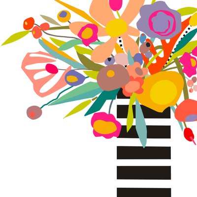 Kukkia ja raitoja 2, 2024 (digitaalinen kuvitus alkuperäisestä kollaasista puupaneelille) tekijältä Kathy Dunaway