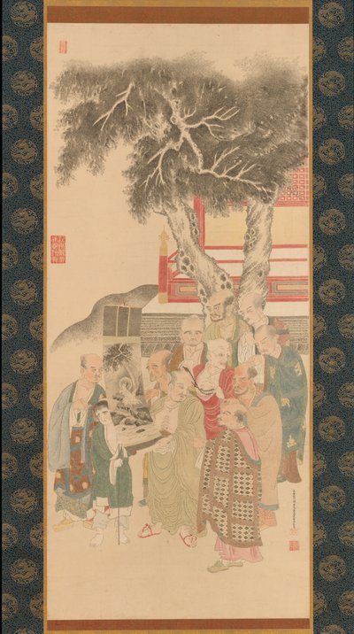 Kymmenen rakania tutkimassa maalausta valkovaatisesta Kannonista, 1792. tekijältä Kato Nobukiyo