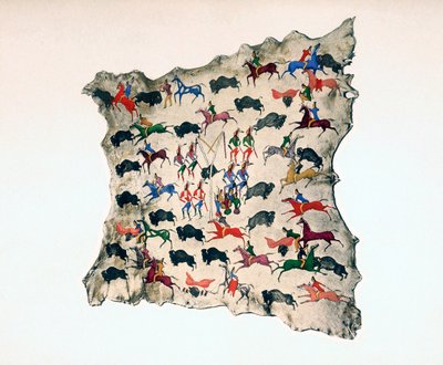 Pohjois-Amerikan Shoshone Indian hirvennahka, joka esittää puhvelinmetsästystä 1900-luvulta tekijältä Katsikodi