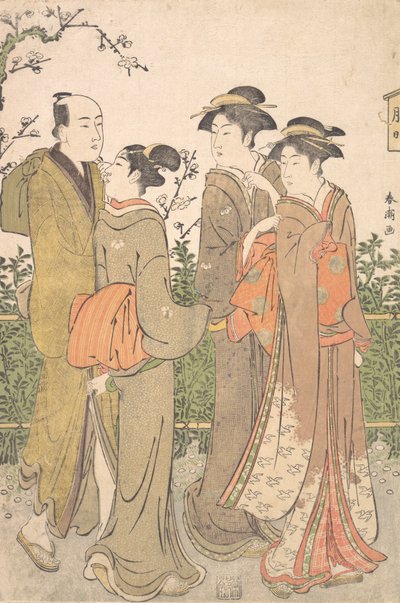 Kolmen naisen ryhmä palvelijan seurassa, 1780-1795. tekijältä Katsukawa Shuncho