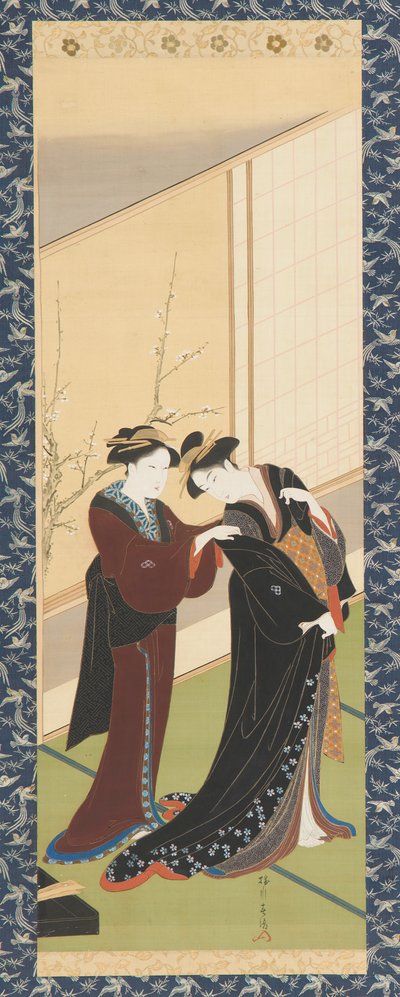 Sisustus: nainen auttamassa tyttöä pukeutumaan, Edo-kausi, 1726-1792. tekijältä Katsukawa Shuncho