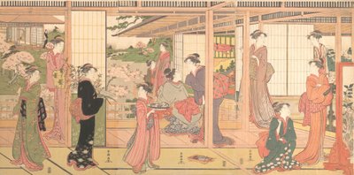 Puutarhaan päin avautuva kartano, n. 1786. tekijältä Katsukawa Shuncho