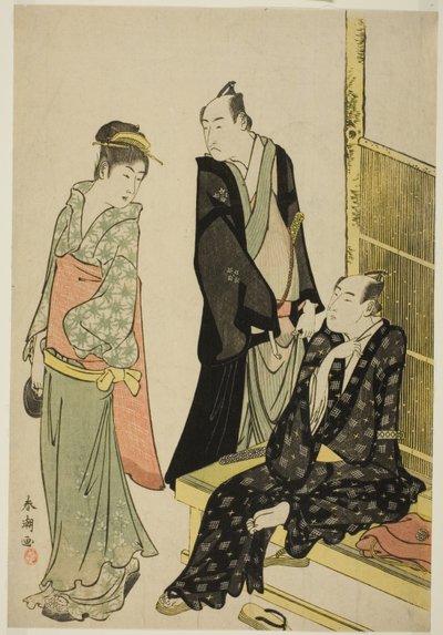 Näyttelijät Onoe Matsusuke I ja Ichikawa Omezo I Teahousessa tekijältä Katsukawa Shuncho