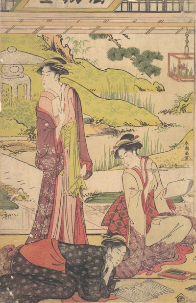 Kolme kirjallisista harrastuksista nauttivaa naista, n. 1780-luvun lopulla. tekijältä Katsukawa Shuncho