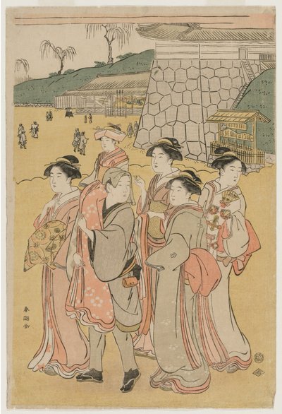 Naiset saattamassa tyttöä pyhäkköön, 1790-luvun alku. tekijältä Katsukawa Shuncho