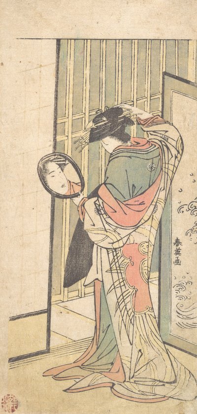 Kurtesaani katselee heijastustaan käsipeilissä, n. 1787. tekijältä Katsukawa Shun
