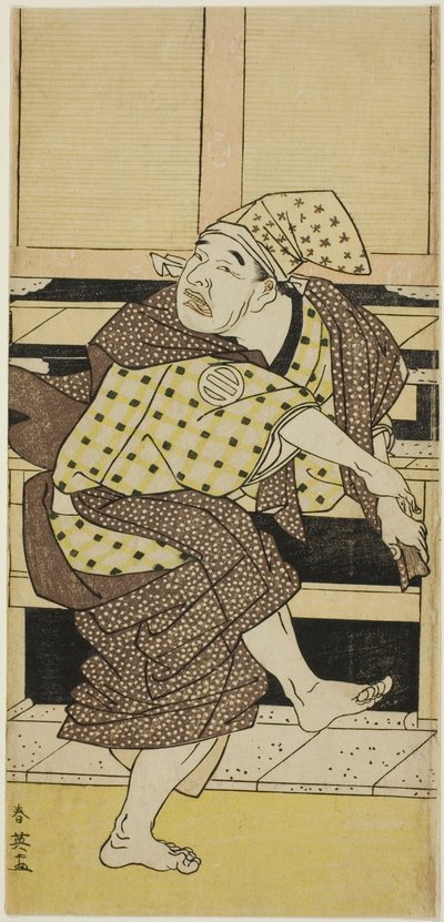 Näyttelijä Asao Tamejûrô I juopuneena Gotôbeina tanssimassa sambasô-tanssia elokuvassa "Yoshitsunen Koshigoe-vetoomus" ("Yoshitsune Koshigoe jô") tekijältä Katsukawa Shun