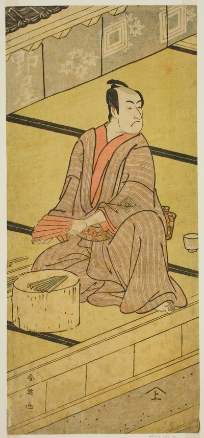 Näyttelijä Ichikawa Monnosuke II Daidoji Tabatanosuken roolissa näytelmässä Mukashi Mukashi Tejiro no Saru, joka esitettiin Ichimura-teatterissa kahdeksantena kuukautena vuonna 1792. tekijältä Katsukawa Shun