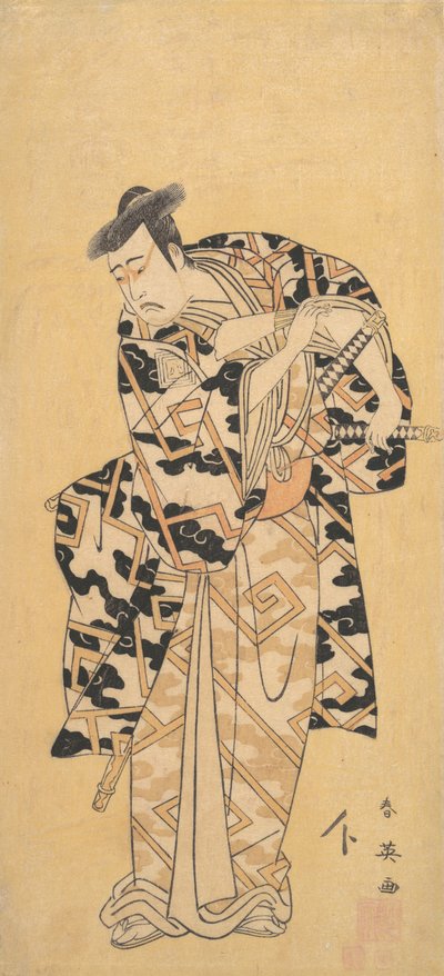 Näyttelijä Ichikawa Yaozo III hahmona Fuwa Banzaemon ukkonen kaapussa, leikkii tuulettimen kanssa, 1794. tekijältä Katsukawa Shun