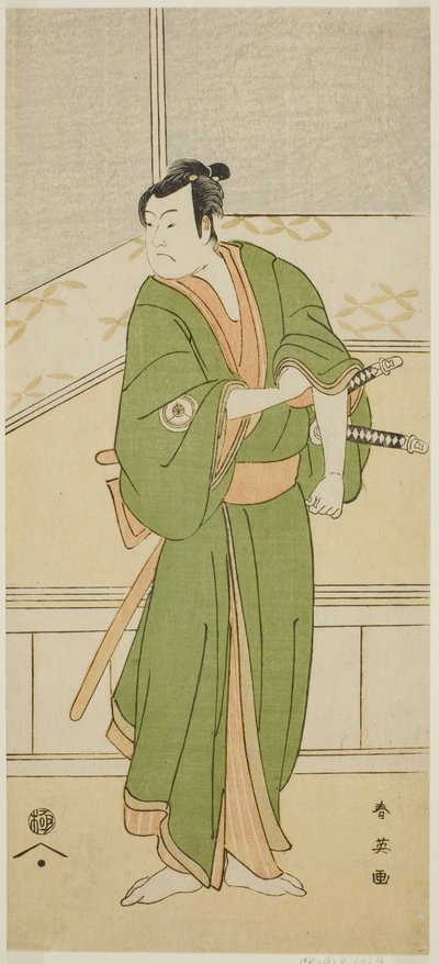 Näyttelijä Iwai Hanshiro IV Shirai Gompachin roolissa näytelmässä Gozen-gakari Sumo Soga, joka esitettiin Kawarazakin teatterissa toisena kuukautena vuonna 1793. tekijältä Katsukawa Shun