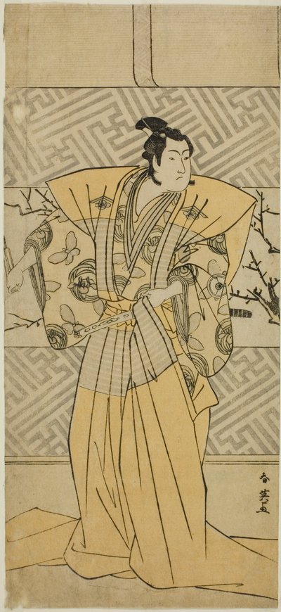 Näyttelijä Iwai Hanshiro IV roolissa Soga no Goro Tokimune näytelmässä Koi no Yosuga Kanegaki Soga, joka esitettiin Ichimura-teatterissa ensimmäisenä kuukautena vuonna 1789. tekijältä Katsukawa Shun