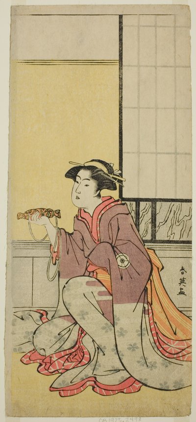 Näyttelijä Iwai Hanshiro IV roolissa Yae () näytelmässä Sugawara Denju Tenarai Kagami (), joka esitettiin Kiri-teatterissa () seitsemäntenä kuukautena vuonna 1788 (). tekijältä Katsukawa Shun