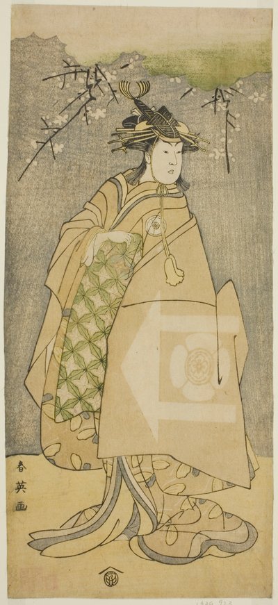 Näyttelijä Iwai Kiyotaro roolissa Kewaizaka no Shosho näytelmässä Gohiiki no Hana Aikyo Soga, joka esitettiin Kawarazakin teatterissa ensimmäisenä kuukautena vuonna 1794. tekijältä Katsukawa Shun
