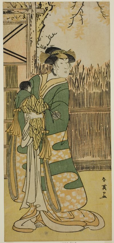 Näyttelijä Nakayama Tomisaburo I rouva Tokiwana (Tokiwa Gozen) () näytelmässä Kimmenuki Genke no Kakutsuba (), joka esitettiin Ichimura-teatterissa () yhdentenätoista kuukautena vuonna 1791 (). tekijältä Katsukawa Shun
