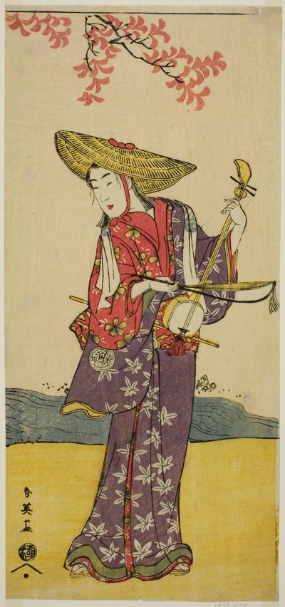 Näyttelijä Sawamura Tamagashira kiertävänä muusikkona näytelmässä Dai Danna Kanjincho, joka esitettiin Kawarazakin teatterissa yhdentenätoista kuussa vuonna 1790. tekijältä Katsukawa Shun