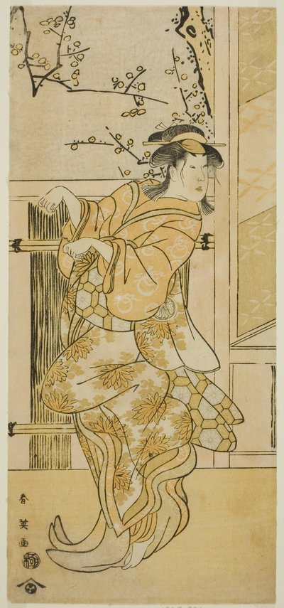 Näyttelijä Segawa Kikunojo III Kojoro-gitsunena (naaraskettu) Omikiksi naamioituneena Komachi-mura Shibai no Shogatsu -näytelmässä, joka esitettiin Nakamura-teatterissa yhdentenätoista kuukautena vuonna 1789. tekijältä Katsukawa Shun