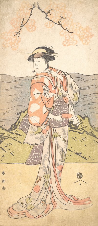 Neljäs Iwai Hanshiro naisena seisovana kirsikkapuun alla, n. 1792 tekijältä Katsukawa Shun