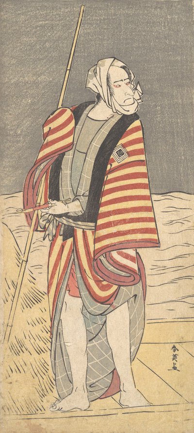 Toinen Ichikawa Komazo venemiehenä seisomassa proomun kannella, n. 1793 tekijältä Katsukawa Shun