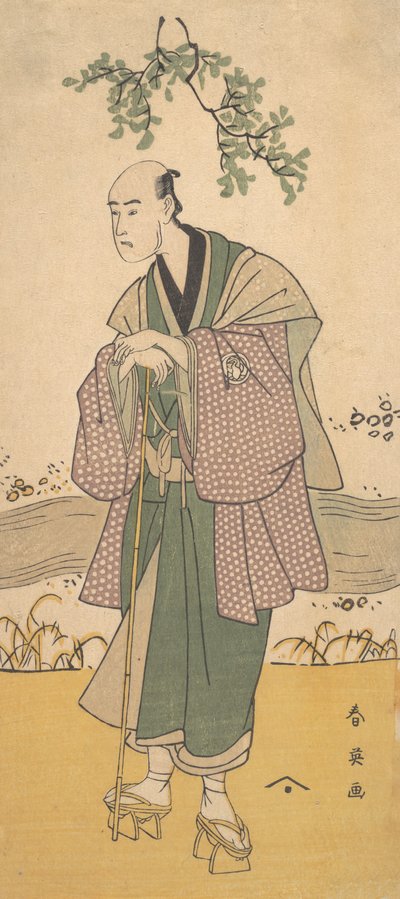 Kolmas Bando Hikosaburo miehenä seisovana joen rannalla, n. 1793. tekijältä Katsukawa Shun