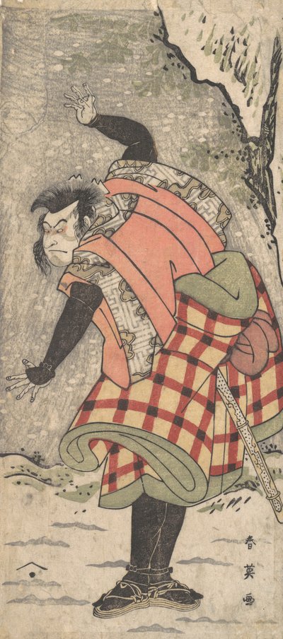 Tuntematon näyttelijä kyokakuna seisovana kallion juurella lumimyrskyssä, n. 1793. tekijältä Katsukawa Shun