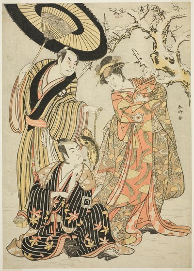 Näyttelijät Iwai Hanshirô IV, Ichikawa Monnosuke II ja Sakata Hangorô III elokuvassa "Lumihiutaleet: Raising the Standard at Izu" ("Mutsu no Hana Izu no Hataage"). tekijältä Katsukawa Shunkо̄