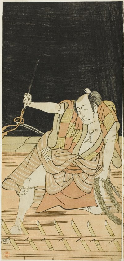 Näyttelijät Nakamura Nakazô I roolissa Danshichi Kurobei ja Ichikawa Danjûrô V roolissa Issun Tokubei elokuvassa "Osakan peili kesäjuhlilla" ("Natsu MatsuriNaniwa Kagami"). tekijältä Katsukawa Shunkо̄