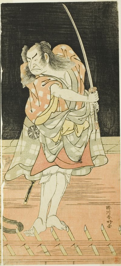 Näyttelijät Nakamura Nakazô I roolissa Danshichi Kurobei ja Ichikawa Danjûrô V roolissa Issun Tokubei elokuvassa "Osakan peili kesäjuhlilla" ("Natsu Matsuri Naniwa Kagami"). tekijältä Katsukawa Shunkо̄