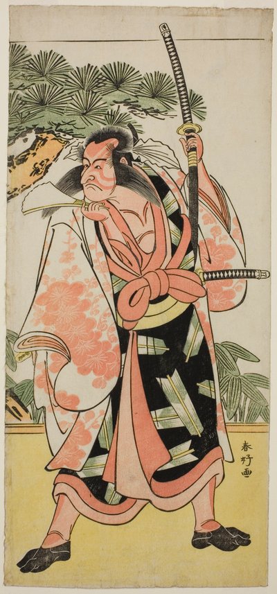 Näyttelijä Ichikawa Danjuro V roolissa Kajiwara Genta Kagesue näytelmässä Yuki Nazuna Saiwai Soga, joka esitettiin Kiri-teatterissa ensimmäisenä kuukautena vuonna 1787. tekijältä Katsukawa Shunkо̄