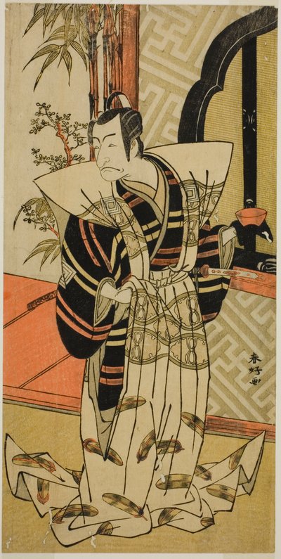 Näyttelijä Ichikawa Danjuro V roolissa Kajiwara Heiji () näytelmässä Hiragana Seisuiki (), joka esitettiin Morita-teatterissa () vuoden 1776 kolmannella kuukaudella (). tekijältä Katsukawa Shunkо̄