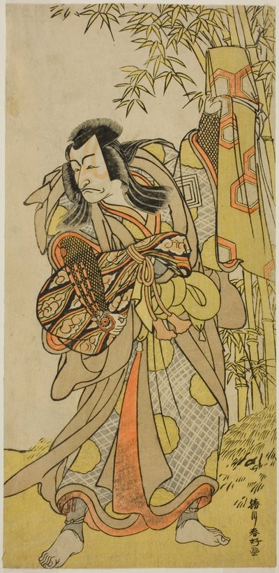 Näyttelijä Ichikawa Danjuro V Kazusa no Akushichibyoe Kagekiyo naamioituneena sokeaksi hovimuusikoksi (Kengyo) näytelmässä Edo Meisho Midori Soga, joka esitettiin Morita-teatterissa neljäntenä kuukautena vuonna 1779. tekijältä Katsukawa Shunkо̄