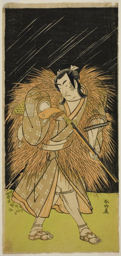 Näyttelijä Ichikawa Monnosuke II Hayano Kampeina näytelmässä Kanadehon Chushin Najori no Kura, joka esitettiin Nakamura-teatterissa yhdeksäntenä kuukautena vuonna 1780. tekijältä Katsukawa Shunkо̄