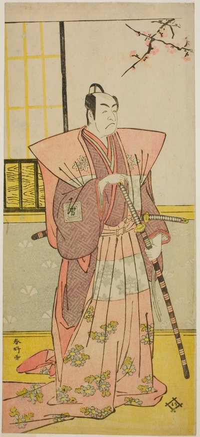 Näyttelijä Ichikawa Omezo I roolissa Koyurugi Motomenosuke () näytelmässä Haru no Nishiki Date-zome Soga (), joka esitettiin Nakamura-teatterissa () ensimmäisenä kuukautena vuonna 1790 (). tekijältä Katsukawa Shunkо̄