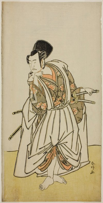 Näyttelijä Ichikawa Yaozo II Sakura-maruna näytelmässä Sugawara Denju Tenarai Kagami, joka esitettiin Ichimura-teatterissa seitsemäntenä kuukautena vuonna 1776. tekijältä Katsukawa Shunkо̄