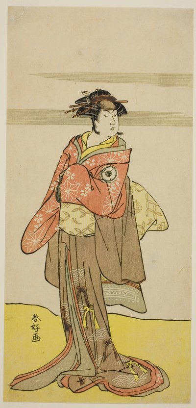 Näyttelijä Iwai Hanshiro IV Hitomarun roolissa geisha Oshuniksi naamioituneena näytelmässä Edo no Hana Mimasu Soga, joka esitettiin Nakamura-teatterissa kolmannella kuukaudella vuonna 1783. tekijältä Katsukawa Shunkо̄