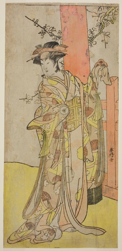 Näyttelijä Iwai Hanshiro IV roolissa Kitsune ga Saki Otama () näytelmässä Miyakodori Yayoi no Watashi (), joka esitettiin Kiri-teatterissa () vuoden 1787 kolmannella kuukaudella (). tekijältä Katsukawa Shunkо̄