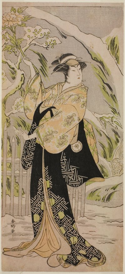 Näyttelijä Iwai Hanshiro IV Lady Yaehatana näytelmässä Sanga no Sho Haru no Hanayome, joka esitettiin Kiri-teatterissa yhdentenätoista kuukautena vuonna 1787. tekijältä Katsukawa Shunkо̄