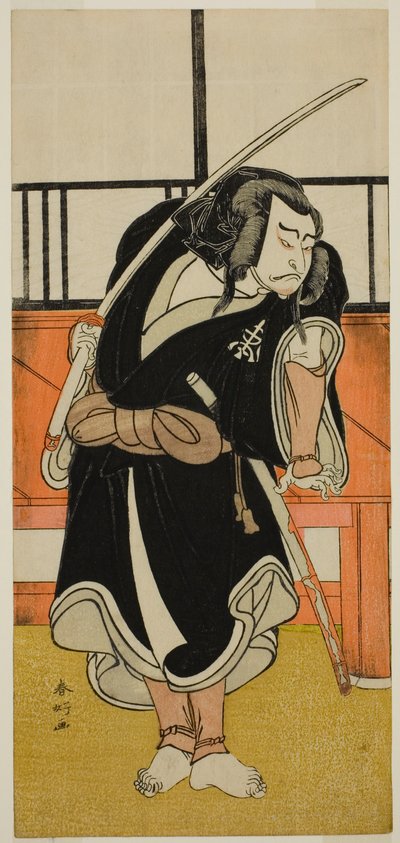 Näyttelijä Nakamura Nakazo I roolissa Aso no Matsuwaka () näytelmässä Iro Moyo Aoyagi Soga (), joka esitettiin Nakamura-teatterissa () toisena kuukautena vuonna 1775 (). tekijältä Katsukawa Shunkо̄