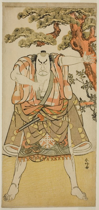 Näyttelijä Nakamura Nakazo I Yakko Nakahei naamioituneena Miura Arajiroksi () näytelmästä Ise Heishi Eigo no Koyomi (), joka esitettiin Ichimura-teatterissa () yhdentenätoista kuukautena vuonna 1782 (). tekijältä Katsukawa Shunkо̄