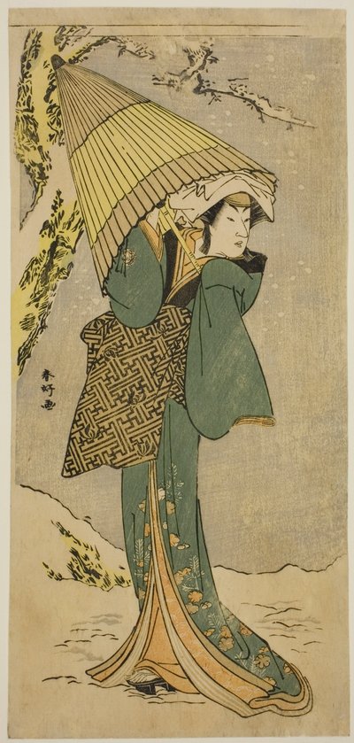 Näyttelijä Nakamura Riko I Kiyotakin roolissa näytelmässä Oakinai Hiru ga Kojima, joka esitettiin Nakamura-teatterissa yhdentenätoista kuussa vuonna 1784. tekijältä Katsukawa Shunkо̄