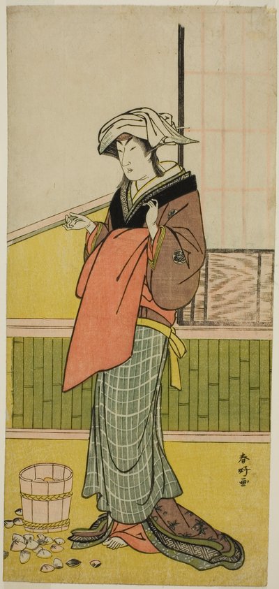 Näyttelijä Nakamura Riko I roolissa Moshio () näytelmässä Honda Yayoi Meoto Junrei (), joka esitettiin Ichimura-teatterissa () seitsemäntenä kuukautena vuonna 1778 (). tekijältä Katsukawa Shunkо̄
