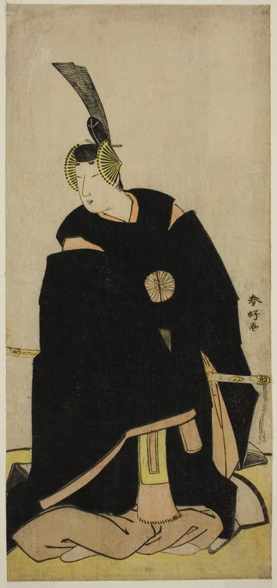 Näyttelijä Nakamura Tomijuro I kuin Taira no Masakado naamioituneena Otomo no Kuronushiksi () tai Sugawara Micihizaneksi () näytelmässä Shida Yuzuriha Horai Soga () tai Sugawara Denju Tenarai Kagami (), joka esitettiin Morita-teatterissa () ensimmäisessä t tekijältä Katsukawa Shunkо̄