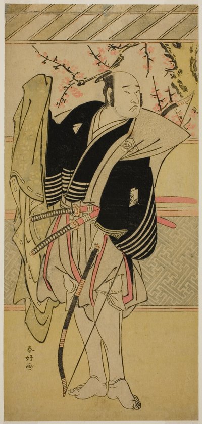 Näyttelijä Onoe Matsusuke I roolissa Yawata no Saburo () näytelmässä Edo no Hana Mimasu Soga (), joka esitettiin Nakamura-teatterissa () vuoden 1783 ensimmäisenä kuukautena (). tekijältä Katsukawa Shunkо̄
