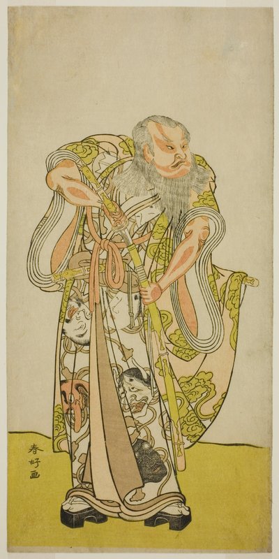 Näyttelijä Sakata Hangoro II roolissa Hige no Ikyu näytelmässä Shida Yakata Yotsugi no Hikibune, joka esitettiin Ichimura-teatterissa viidentenä kuukautena vuonna 1782. tekijältä Katsukawa Shunkо̄
