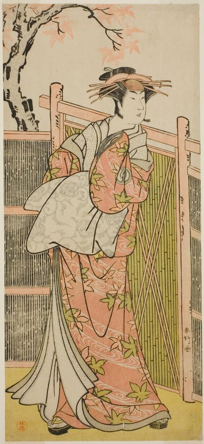 Näyttelijä Sawamura Sojuro III kurtisaani Takaon henkenä näytelmässä Takao Daimyojin Momiji no Tamagaki, joka esitettiin Nakamura-teatterissa seitsemäntenä kuukautena vuonna 1787. tekijältä Katsukawa Shunkо̄