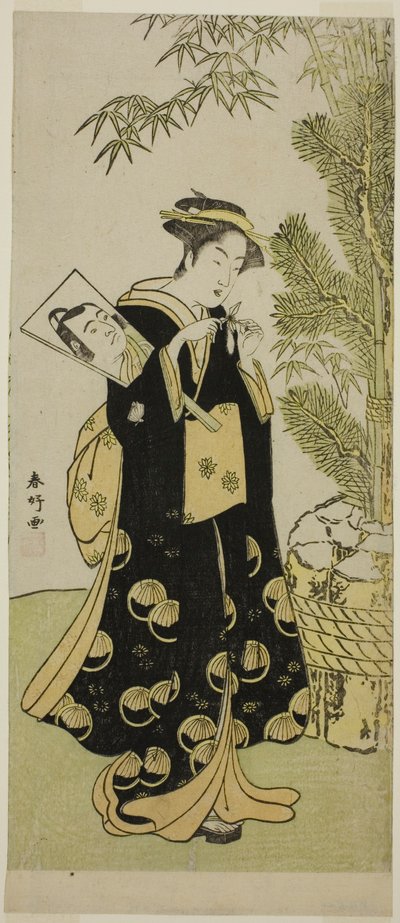Näyttelijä Segawa Kikunojo III Otorana näytelmässä Ume-goyomi Akebono Soga, joka esitettiin Ichimura-teatterissa kolmannella kuukaudella vuonna 1780. tekijältä Katsukawa Shunkо̄