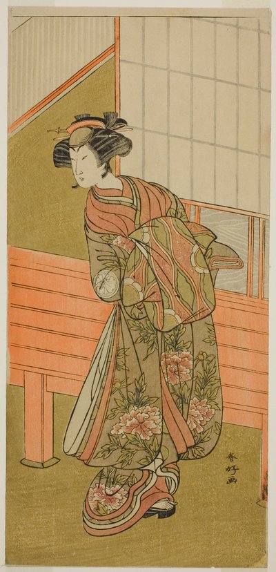Näyttelijä Segawa Kikunojo III Onoteruyan () kurtisaanina Takamura () näytelmässä Sugata no Hana Yuki no Kuromushi (), joka esitettiin Ichimura-teatterissa () yhdentenätoista kuukautena vuonna 1776 (). tekijältä Katsukawa Shunkо̄