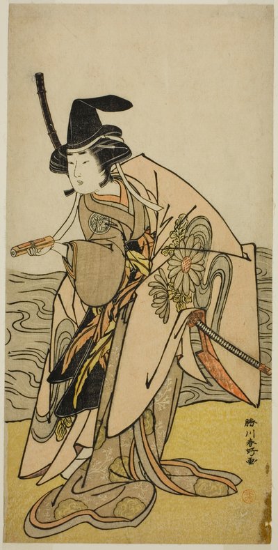Näyttelijä Yamashita Kinsaku II rouva Kikusuina (Kikusui Gozen) näytelmässä Kaeribana Eiyu Taiheiki, joka esitettiin Nakamura-teatterissa yhdentenätoista kuukautena vuonna 1779. tekijältä Katsukawa Shunkо̄